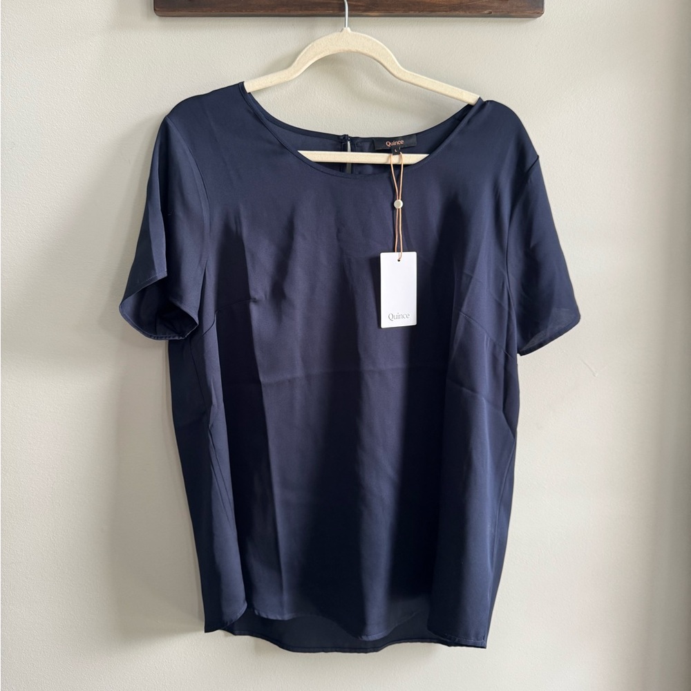 NWT Quince 100% Silk Tee, Navy, Size L